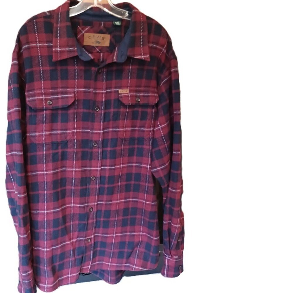 ORVIS Mens Large Classic Collection Plaid Flannel Button Up Shirt XL Wine/Navy
